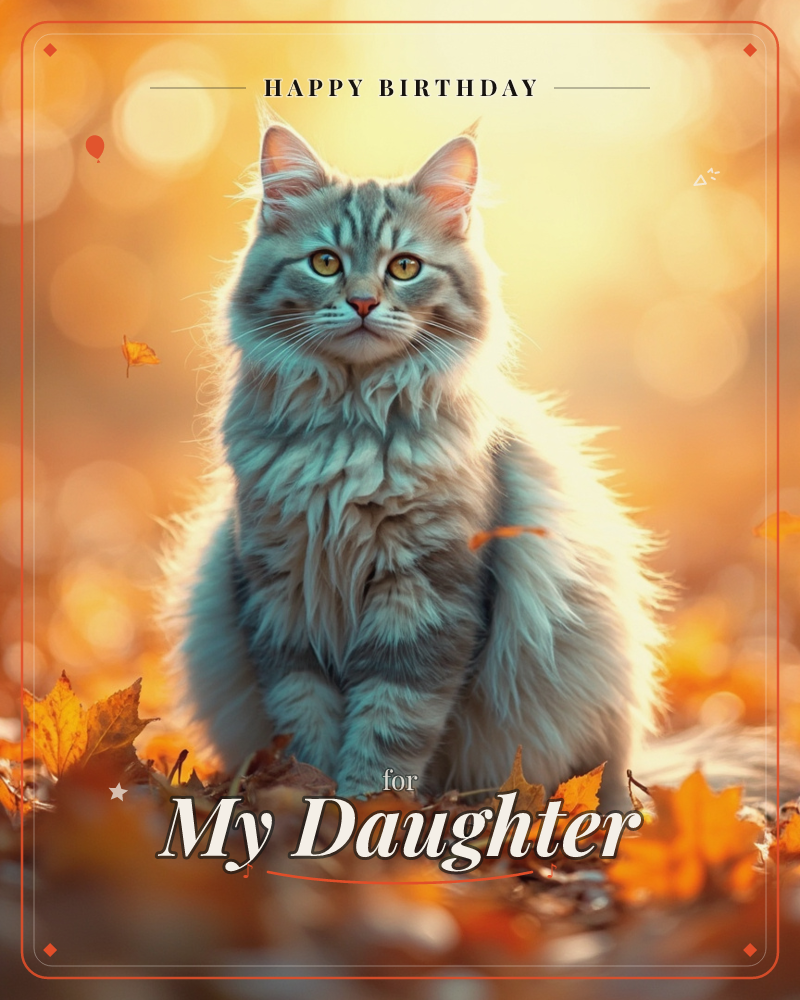 A fluffy grey-and-white long-haired cat sits among fallen autumn leaves, gazing directly at the viewer with amber eyes, a birthday e-card design