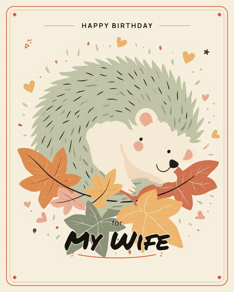 A round, sleepy hedgehog curls into a soft sage-green ball, its pale pink-cheeked face peeking out with a small content smile, a birthday e-card design