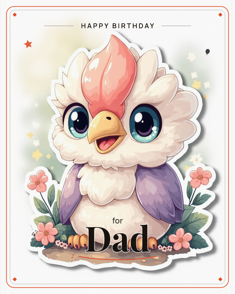 A round, fluffy baby bird with a coral-pink feathered crest and huge blue eyes sits front and center, wings tinted soft lavender, a birthday e-card design
