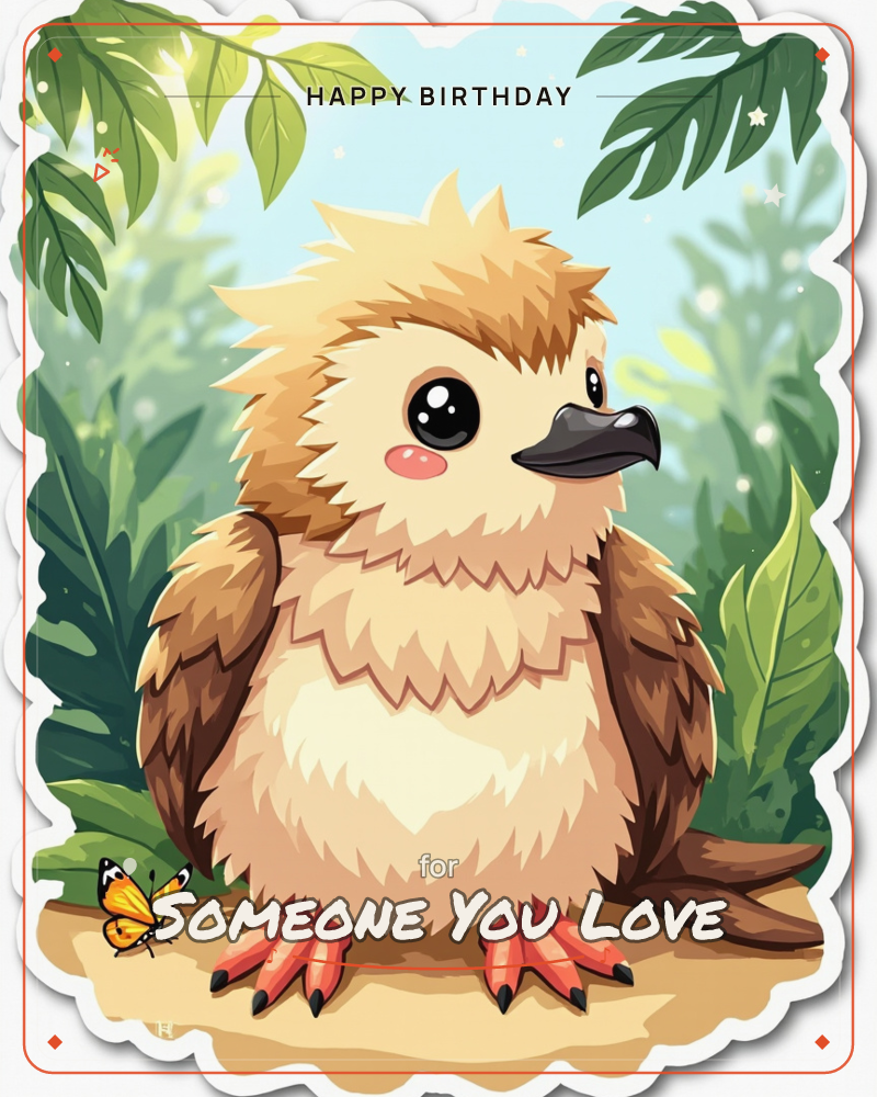 A fluffy baby eagle with tufted golden-brown feathers, big glossy eyes and rosy cheeks perches on sandy ground in a lush jungle clearing, a birthday e-card design