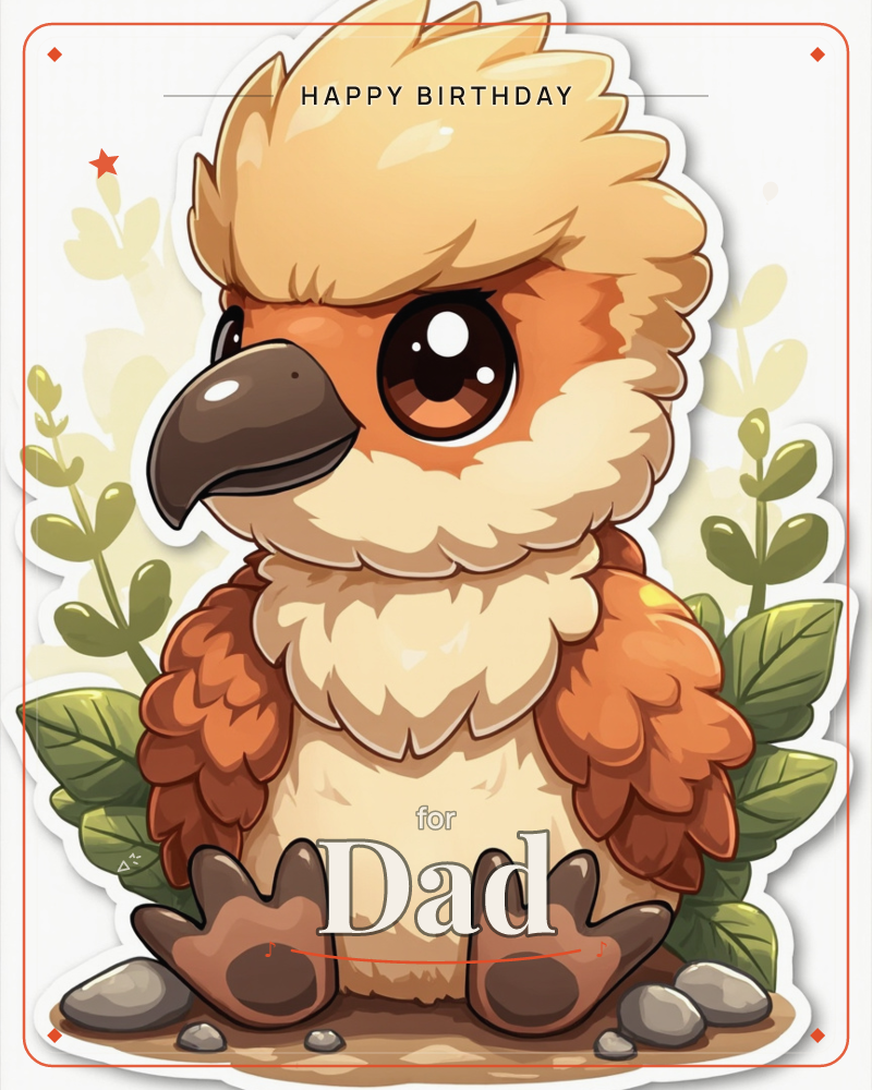 A round, big-eyed baby eagle sticker sits plump and fluffy against a soft leafy backdrop, its cream and rust feathers rendered in glossy cartoon shading, a birthday e-card design