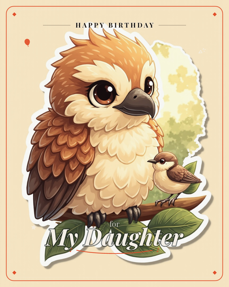 A big-eyed, fluffed-up owl-like bird perches on a leafy branch beside a much smaller companion bird, rendered as a glossy sticker with a bold white…, a birthday e-card design