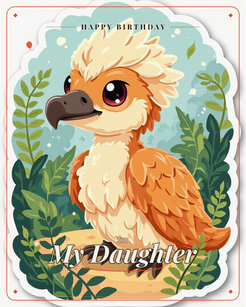 A sticker-style illustration shows a fluffy baby bird with a cream crest, orange feathers, and big glossy eyes, perched on a sandy patch surrounded by…, a birthday e-card design