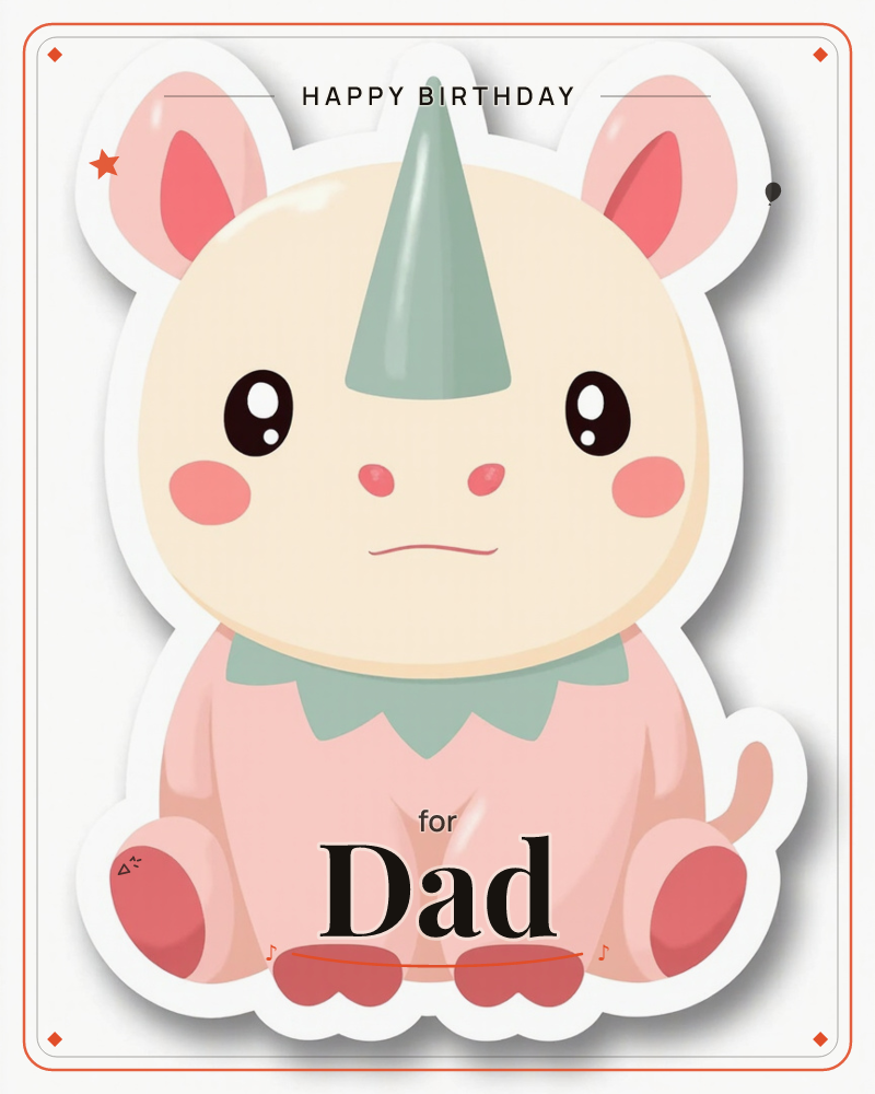 A round, big-eared little creature with a single sage-green horn sits with its paws in its lap, wearing a soft pink body and a scalloped green collar, a birthday e-card design