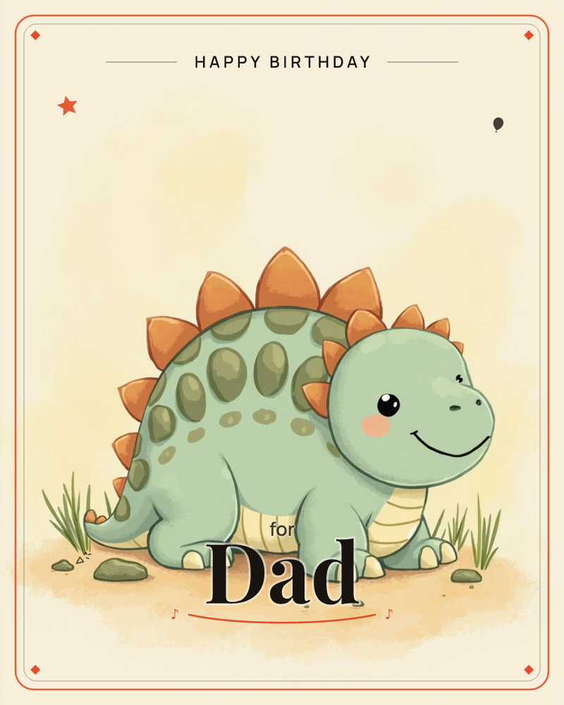 A round, smiling stegosaurus with rust-orange back plates and rosy cheeks stands on a sandy patch dotted with tufts of grass and small pebbles, a birthday e-card design