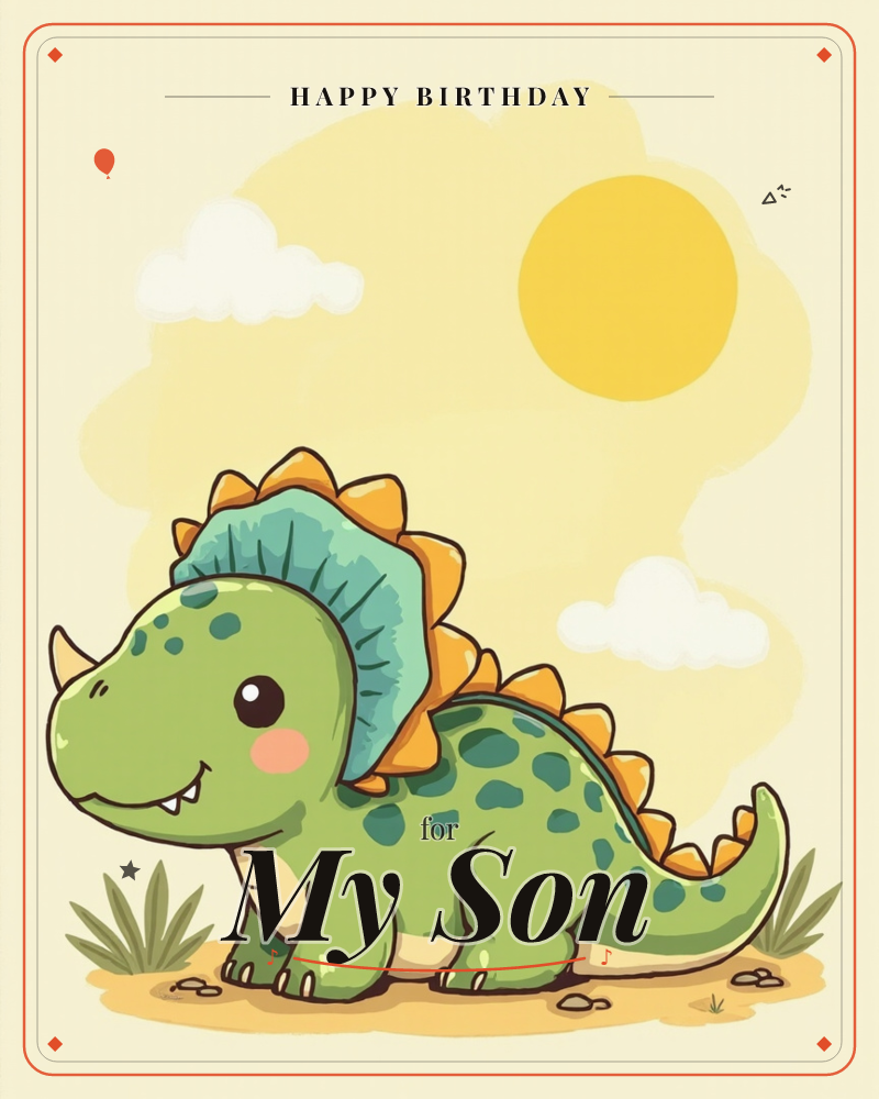 A cheerful cartoon dinosaur with a spiky teal-and-orange frill stands smiling on a sandy patch under a bright yellow sun, a birthday e-card design