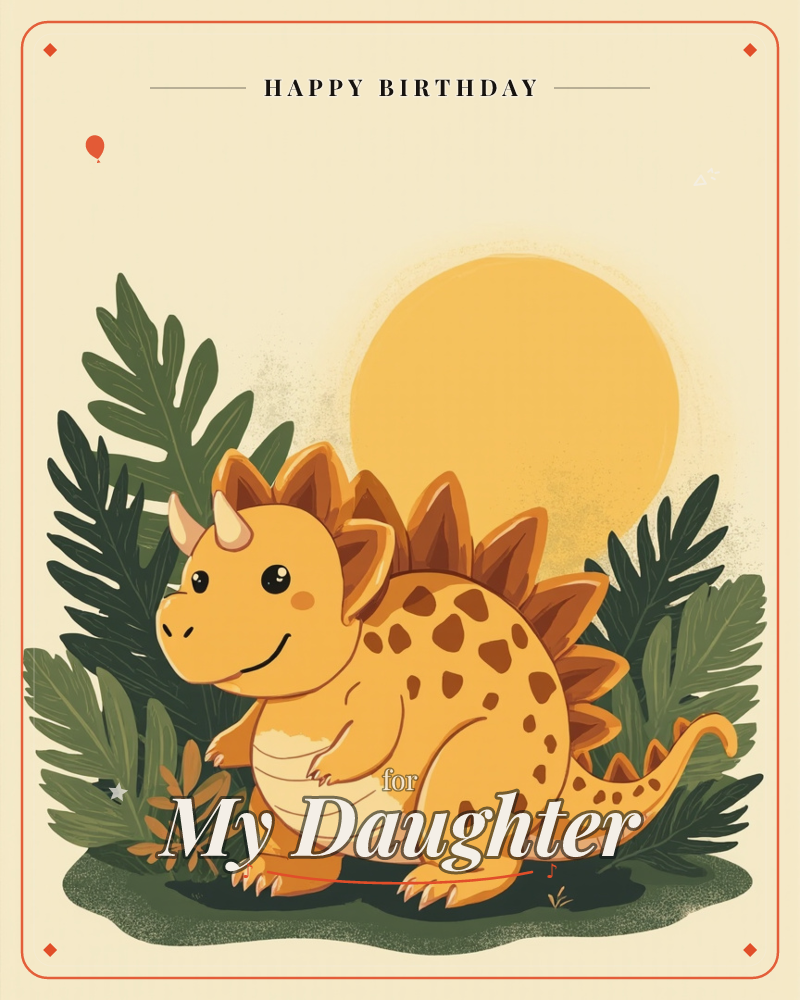 A round, smiling cartoon dinosaur with a horned nose and a row of spiky back plates stands among tropical fronds, a big pale-gold sun glowing behind it…, a birthday e-card design