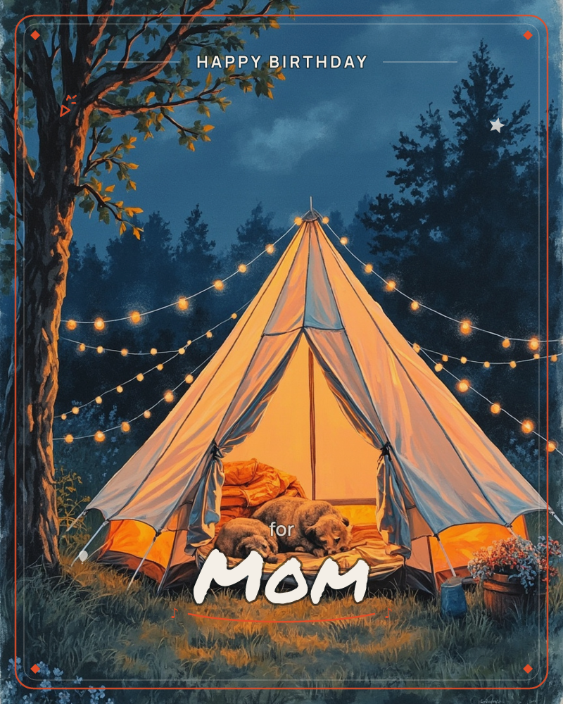 A glowing teepee tent sits in a forest clearing at dusk, its canvas lit warm orange from within where two bears curl up asleep on a cushioned bed, a birthday e-card design