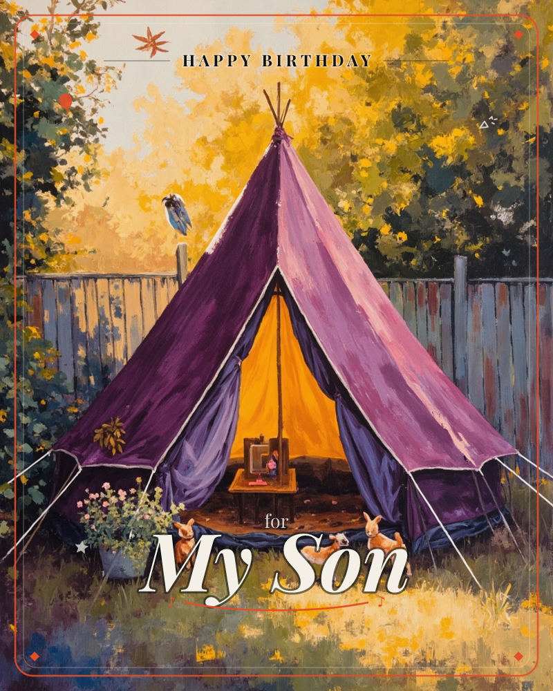 A purple bell tent glows amber from within, pitched in a golden backyard against a weathered fence and autumn trees, a birthday e-card design