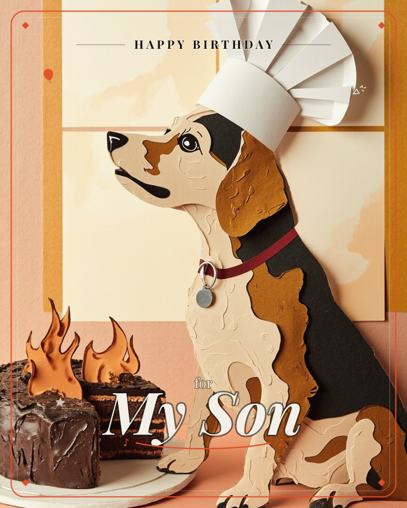 A paper-craft beagle wearing a chef's toque sits proudly beside a chocolate layer cake topped with paper flames, all set against layered peach and…, a birthday e-card design