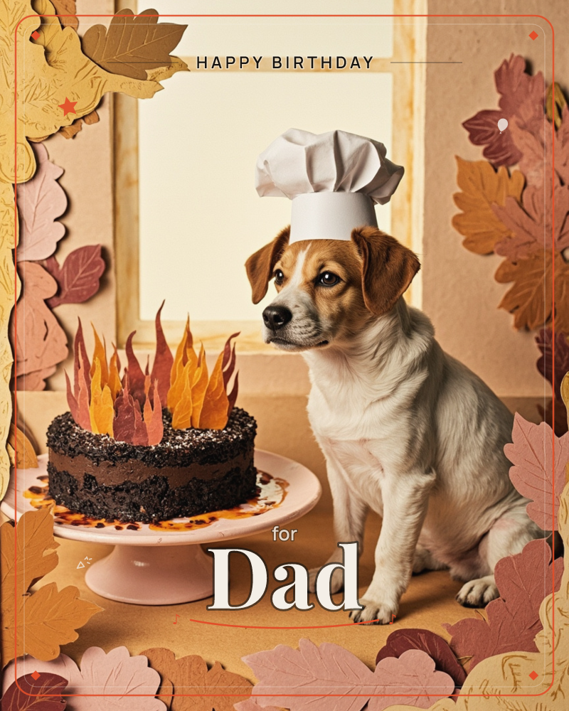 A dog wearing a tall white chef's hat sits proudly beside a chocolate cake topped with flame-shaped autumn leaves standing in for candles, set against…, a birthday e-card design