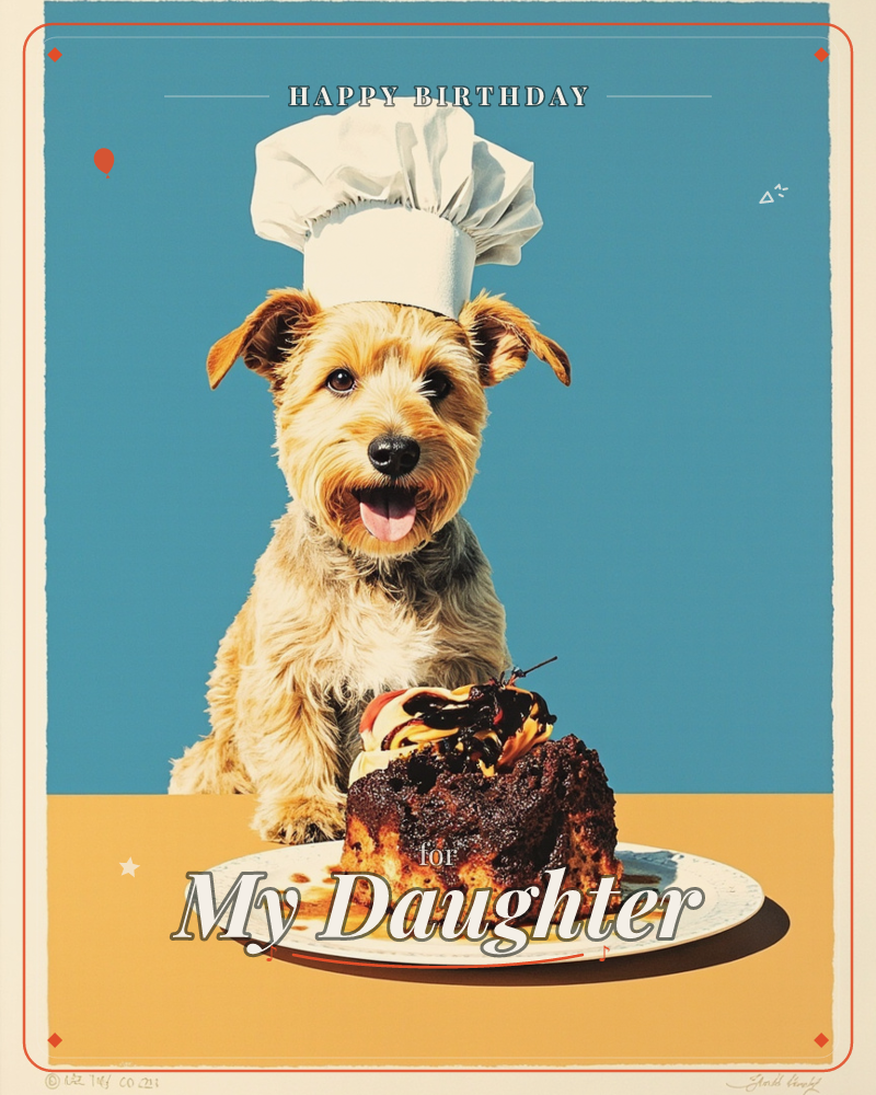 A shaggy terrier wearing a tall white chef's hat sits proudly behind a plated chocolate cake dripping with sauce, tongue out and grinning at the camera, a birthday e-card design