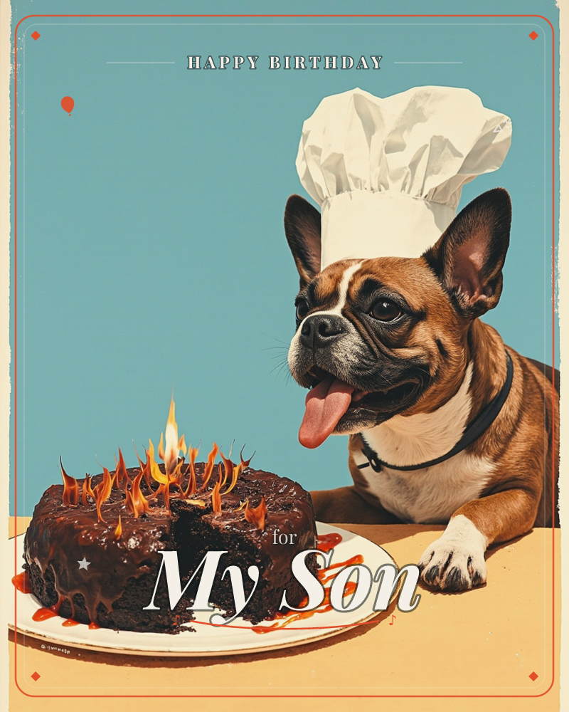 A French bulldog wearing an oversized chalky-white chef's hat leans over a table, tongue hanging out, next to a rich chocolate cake dripping with…, a birthday e-card design
