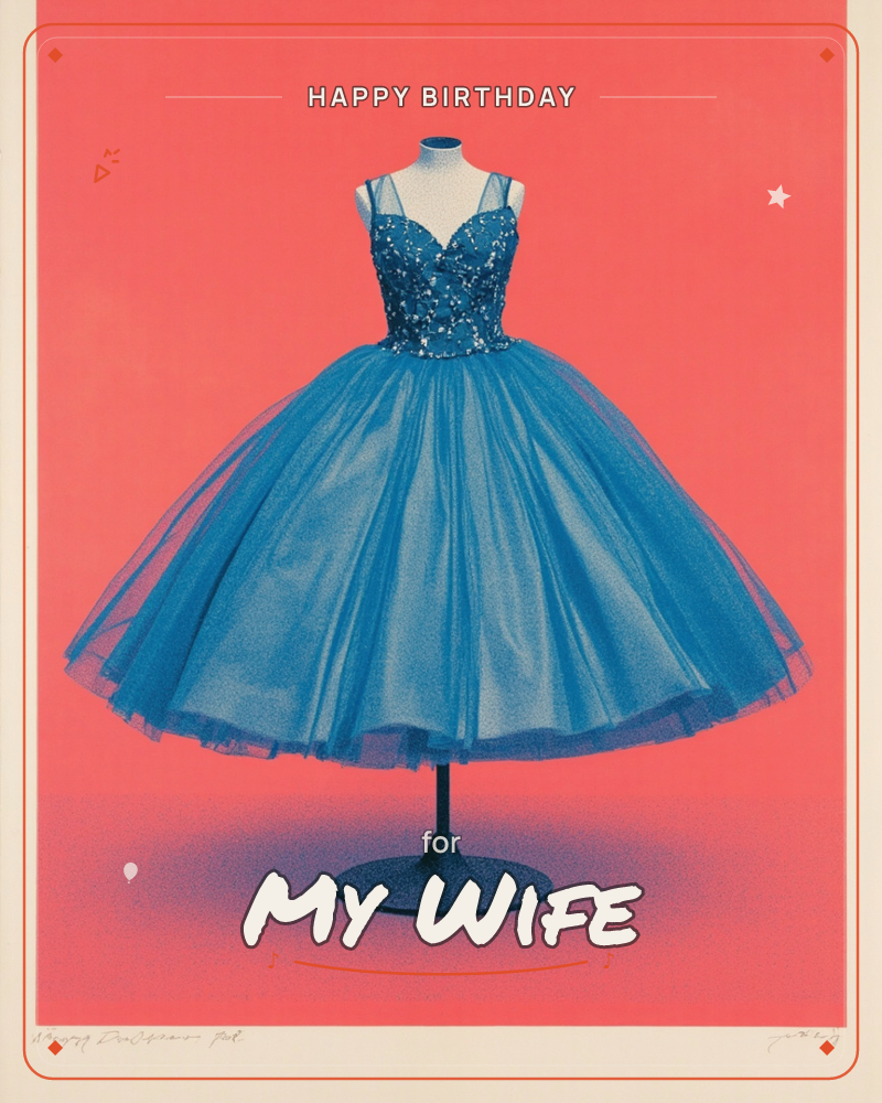 A sapphire-blue tulle gown with a sequinned sweetheart bodice stands on a mannequin form, its full ballerina skirt caught mid-swing against a bold…, a birthday e-card design