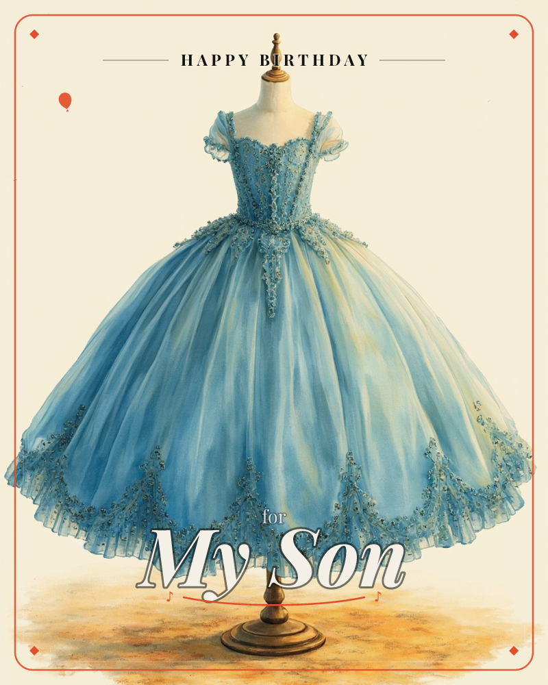 A pale blue ball gown is displayed on a wooden dress form against a soft cream background, a birthday e-card design