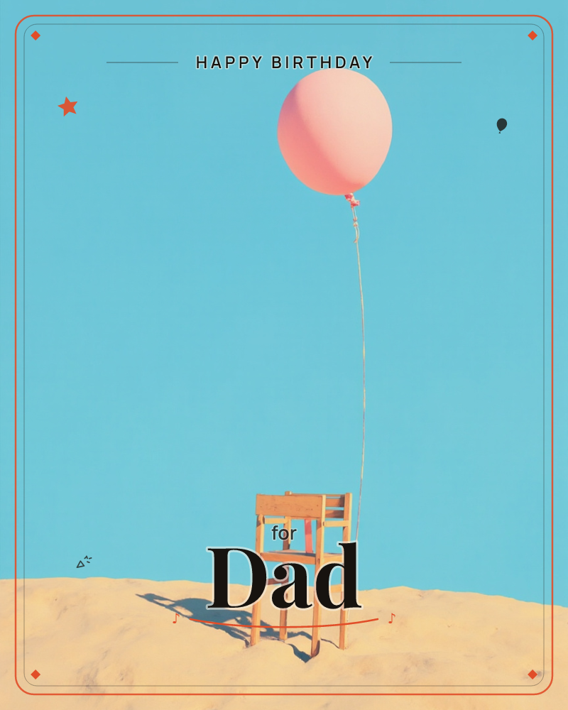 A single wooden chair sits atop a sandy dune under a wide, cloudless turquoise sky, its shadow stretching long across the sand, a birthday e-card design