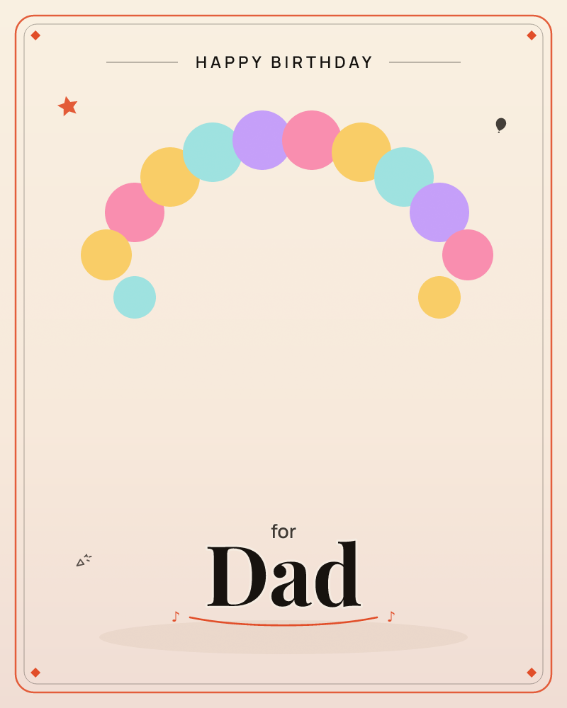A rainbow-shaped arch made of plump, candy-coloured circles curves across a soft cream background, in mint, lilac, coral pink and buttery yellow, a birthday e-card design by @DittyCityTeam