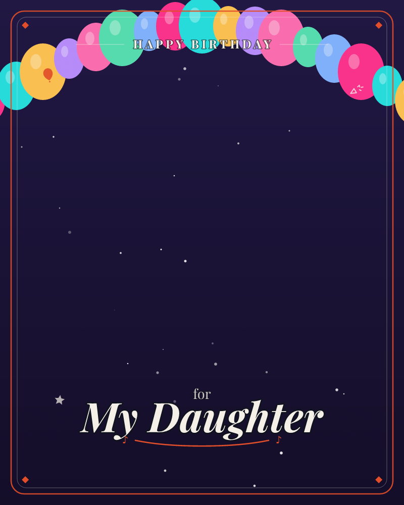 A curved garland of glossy balloons in pink, teal, gold, and purple arcs across the top of a deep midnight-blue sky, scattered with faint white stars…, a birthday e-card design by @DittyCityTeam