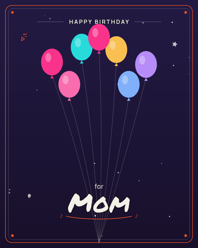A cluster of seven balloons in pink, magenta, teal, gold, and purple rises against a deep midnight sky, their thin strings converging to a single point…, a birthday e-card design by @DittyCityTeam