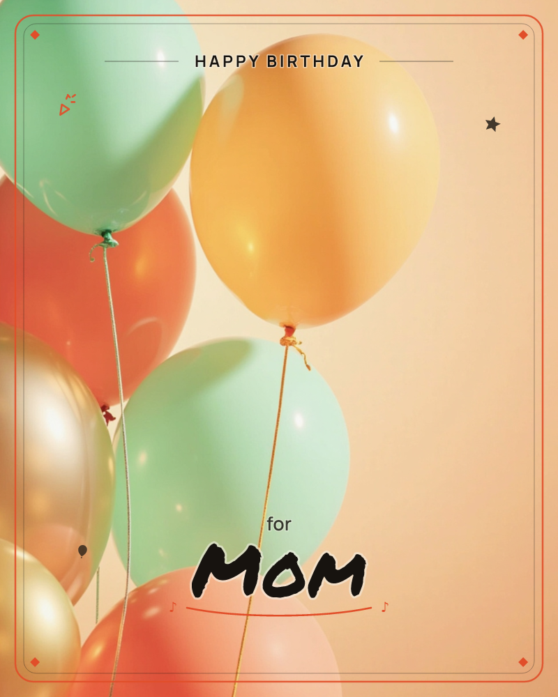 A cluster of glossy balloons in mint, coral, gold and butter yellow floats against a soft peach backdrop, their strings dangling loosely, a birthday e-card design