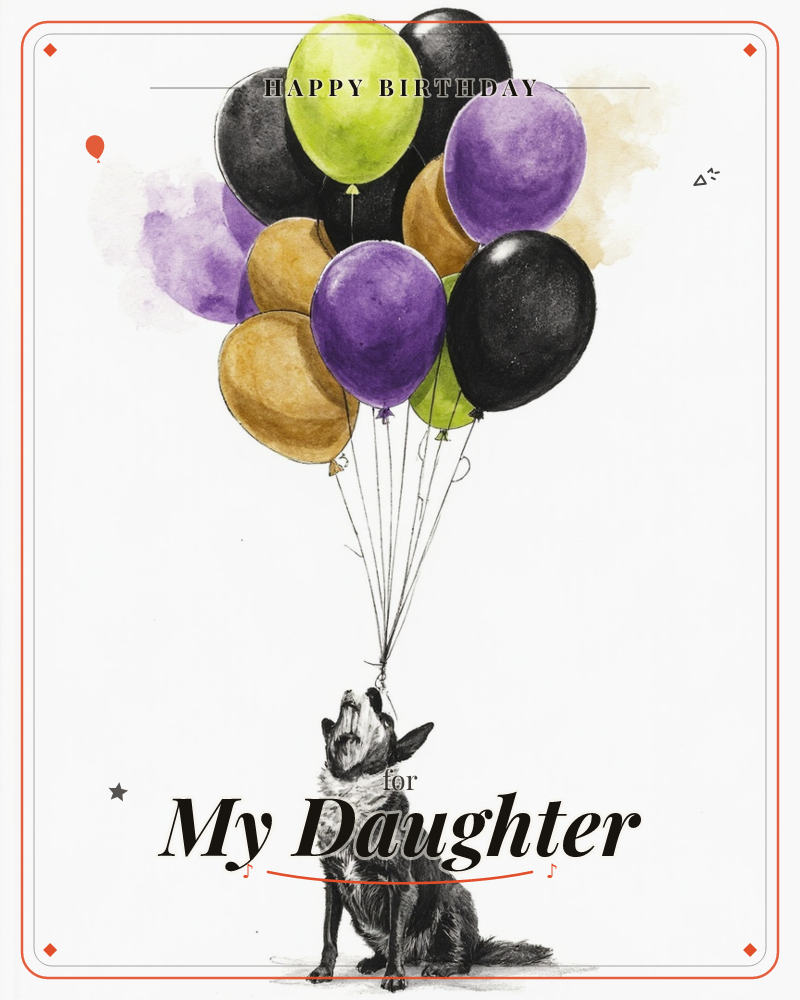 A watercolour dog sits looking up at a cluster of balloons in lime green, purple, black and gold, the strings caught between its teeth, a birthday e-card design