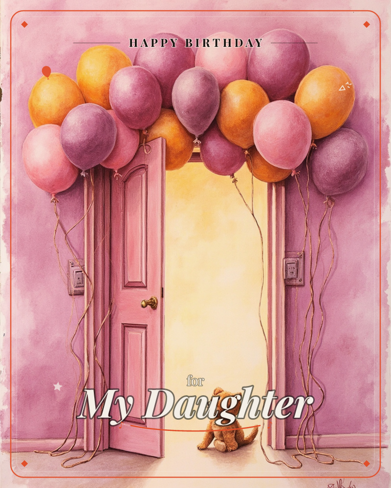 A pink door stands open in a rosy pink wall, framed by a thick arch of purple, orange and pink balloons trailing curly ribbons, a birthday e-card design