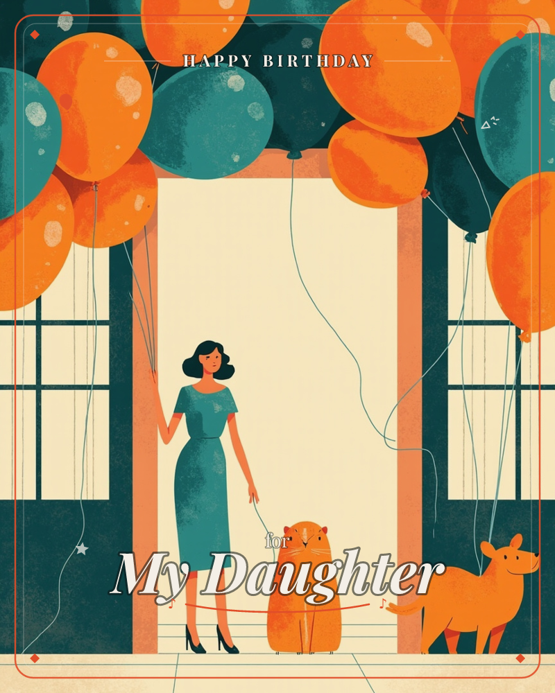 A woman in a teal dress stands in an open doorway holding a huge bunch of orange and teal balloons, while an orange cat and a small deer-like creature…, a birthday e-card design