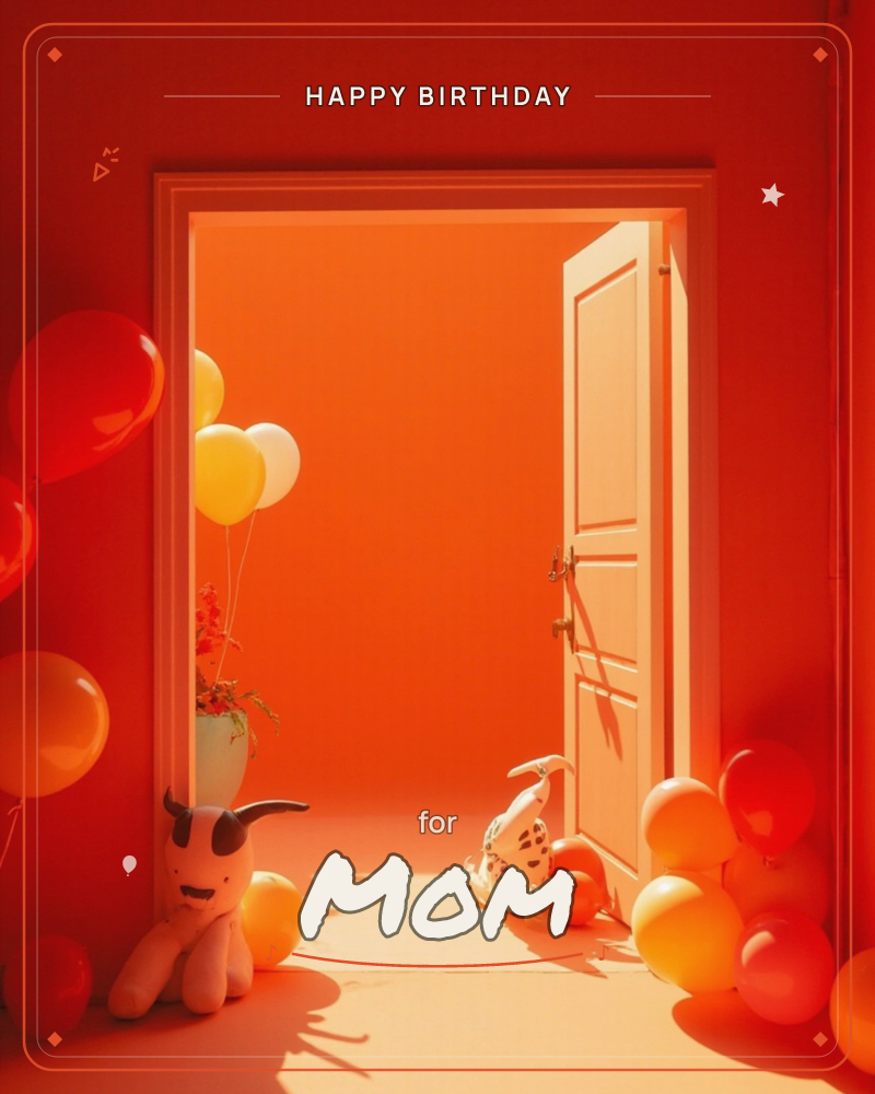 An open white door glows against walls washed entirely in warm red-orange, with clusters of red, yellow and cream balloons piled on either side, a birthday e-card design