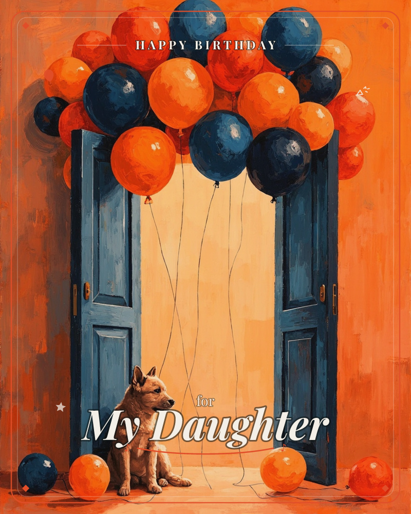 A painted doorway swings open against a warm orange wall, its blue double doors framed by a dense cluster of orange, red and navy balloons bunched…, a birthday e-card design
