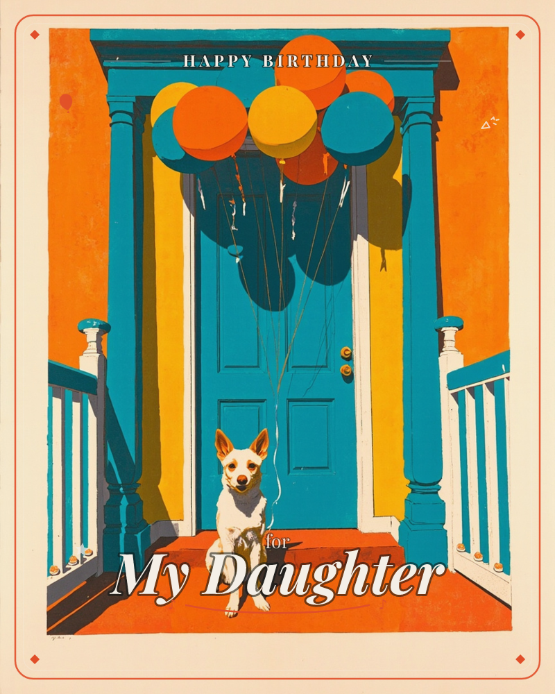 A bright teal front door stands framed by bold orange walls, with a cluster of orange, yellow, and teal balloons tied above the entrance, a birthday e-card design