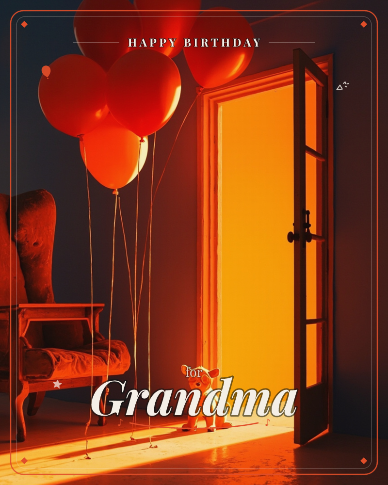 A cluster of red balloons drifts near a worn armchair in a dim room, their strings trailing down to a small stuffed toy dog sitting alone by an open door, a birthday e-card design
