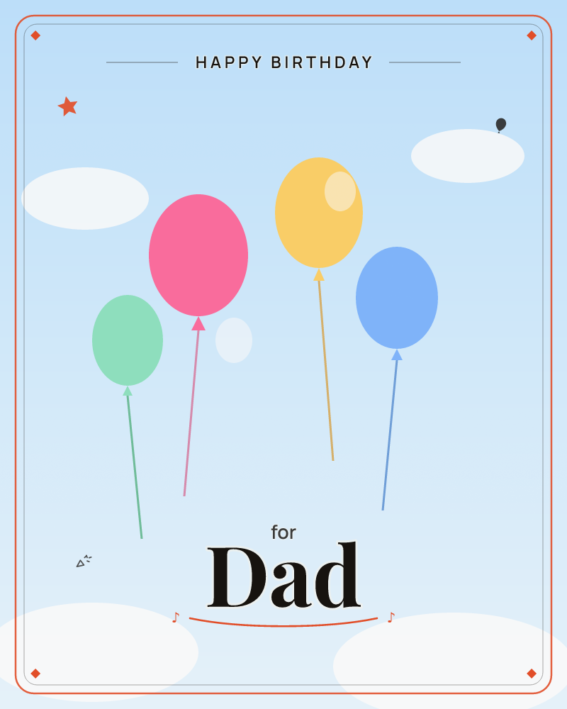 Four balloons in green, pink, yellow and blue drift upward against a pale gradient sky dotted with soft white clouds, a birthday e-card design by @DittyCityTeam