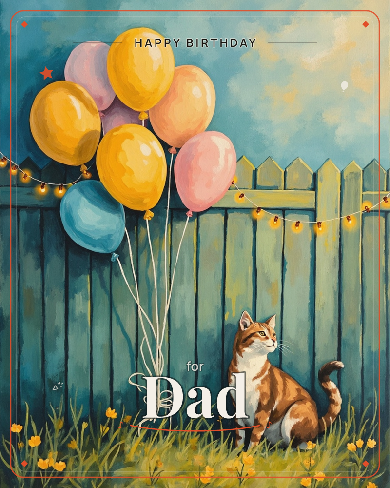 A cluster of yellow, pink, and blue balloons is tied with white string in a grassy backyard, beside a weathered teal picket fence strung with warm…, a birthday e-card design