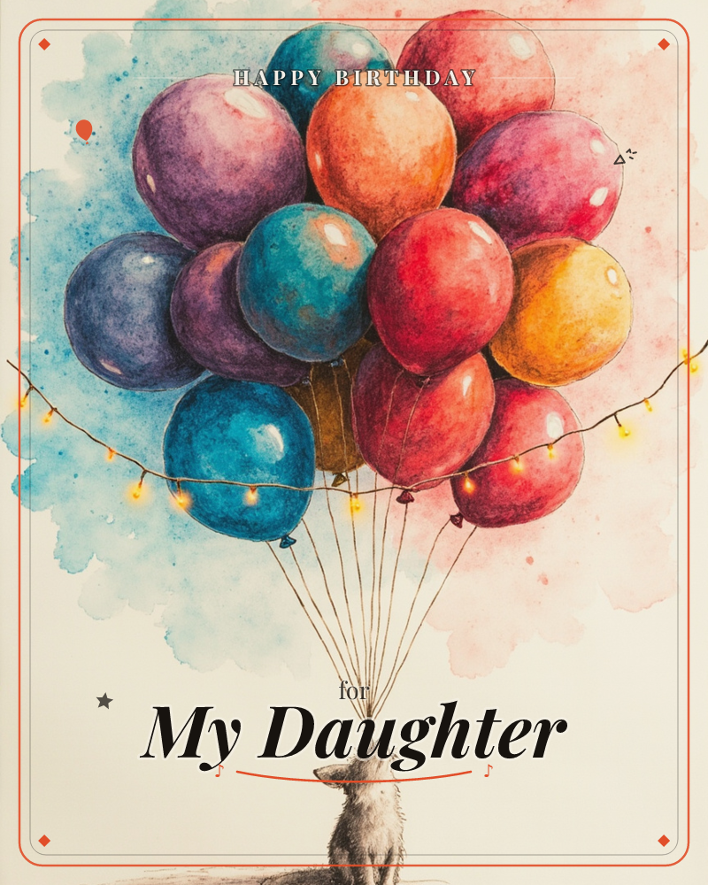 A small fluffy dog sits with its back to us, gazing up at an enormous cluster of jewel-toned balloons tied to its paw, a birthday e-card design