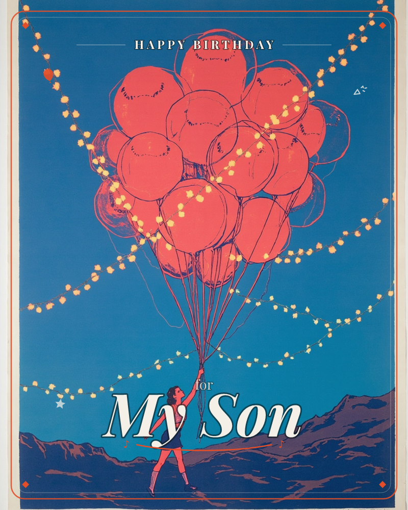 A woman stands on a dark mountain ridge at dusk, reaching up to hold a huge cluster of coral-red balloons against a deep blue sky strung with glowing…, a birthday e-card design