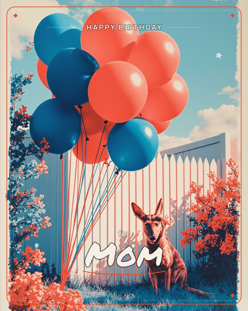 A dog sits in a backyard beside a white picket fence, watching over a huge bunch of red and blue balloons tethered to the ground, a birthday e-card design