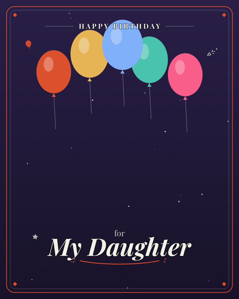 Five balloons in burnt orange, gold, sky blue, teal, and pink drift across a deep midnight-purple sky, their thin strings trailing down like they've…, a birthday e-card design by @DittyCityTeam