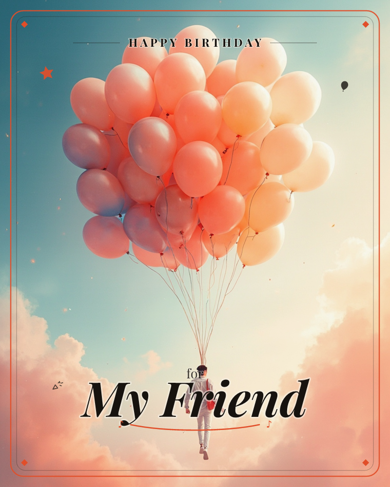 A man walks through a dreamy sky carried aloft by an enormous cluster of peach and blush balloons, clouds drifting below his feet, a birthday e-card design