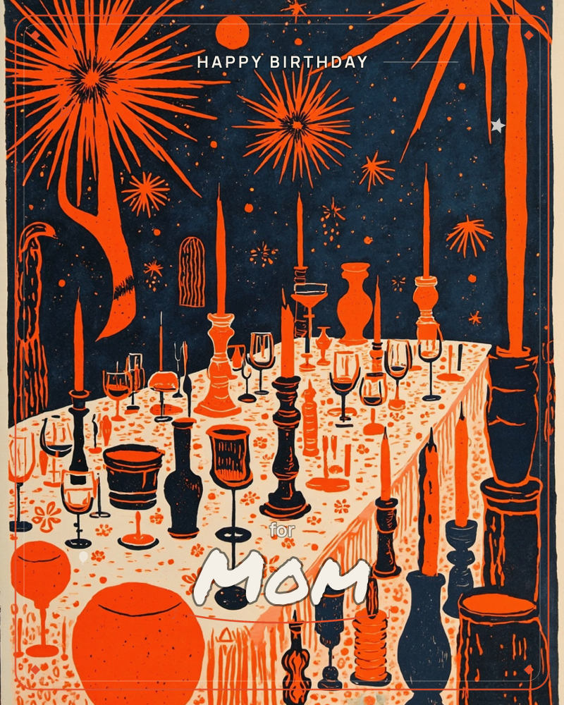 A long banquet table stretches into a starry midnight sky, crowded with candlesticks, wine glasses, vases and goblets, while bursts of fireworks…, a birthday e-card design