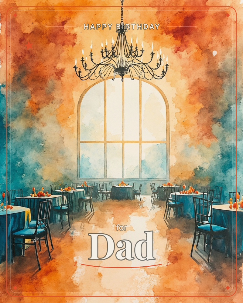 A grand ballroom glows in swirling watercolour washes of amber, rust and teal, with a tall arched window pouring pale light across the polished floor, a birthday e-card design