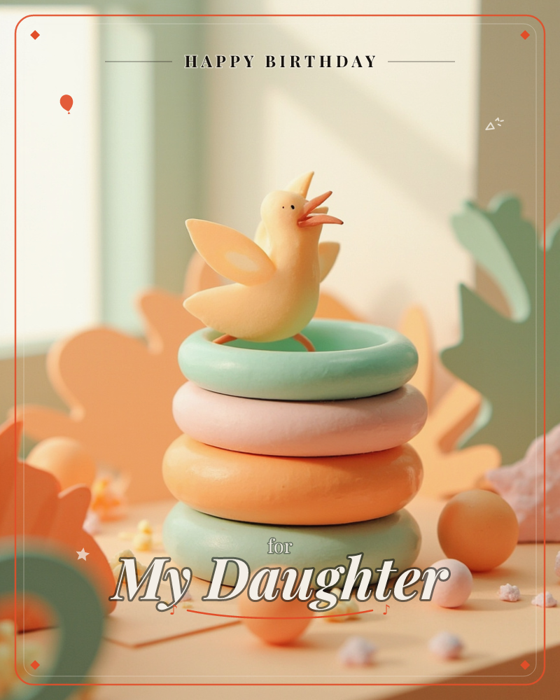 A cheerful little 3D bird with an open beak perches on top of a stacked ring toy in soft mint, pink, and peach tones, set on a sunlit tabletop…, a birthday e-card design