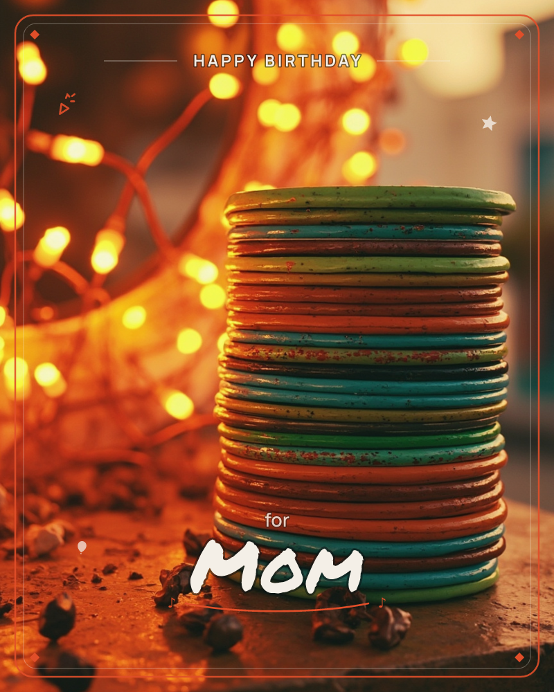 A tall stack of colourful glass bangles in green, blue, orange and brown sits on a stone ledge, glowing warmly against a blurred backdrop of tangled…, a birthday e-card design