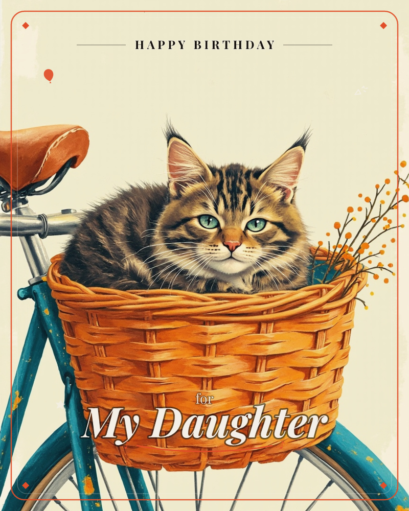A tabby cat with striking green eyes sits curled inside a woven wicker bicycle basket, its ears perked and whiskers catching the light, a birthday e-card design