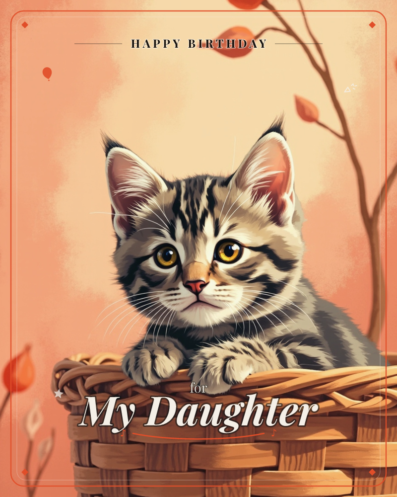 A grey-striped tabby kitten peers over the rim of a woven wicker basket, paws draped over the edge, against a warm peach background, a birthday e-card design
