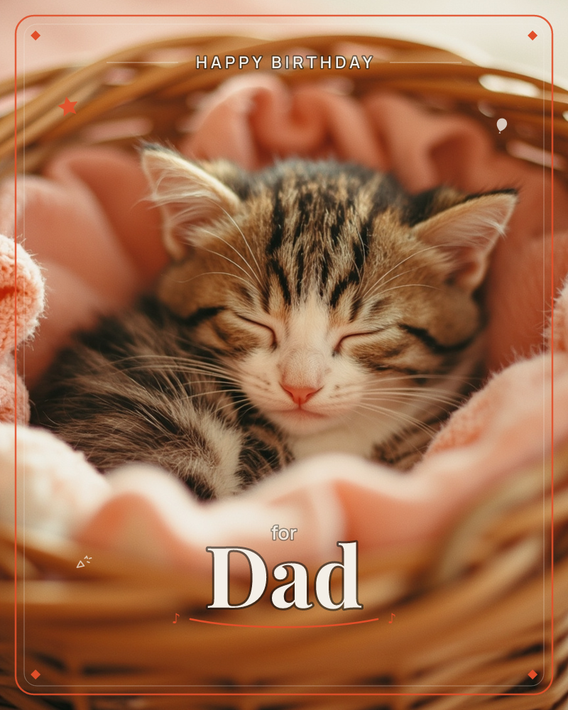 A tabby kitten curls up fast asleep inside a woven wicker basket, tucked into soft folds of a peach-pink blanket, a birthday e-card design