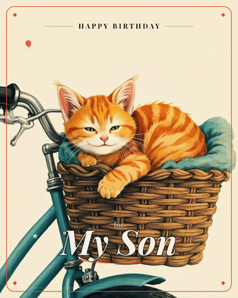 An orange tabby kitten curls contentedly inside a woven wicker bicycle basket, paws draped over the rim, nestled against a soft teal cushion, a birthday e-card design