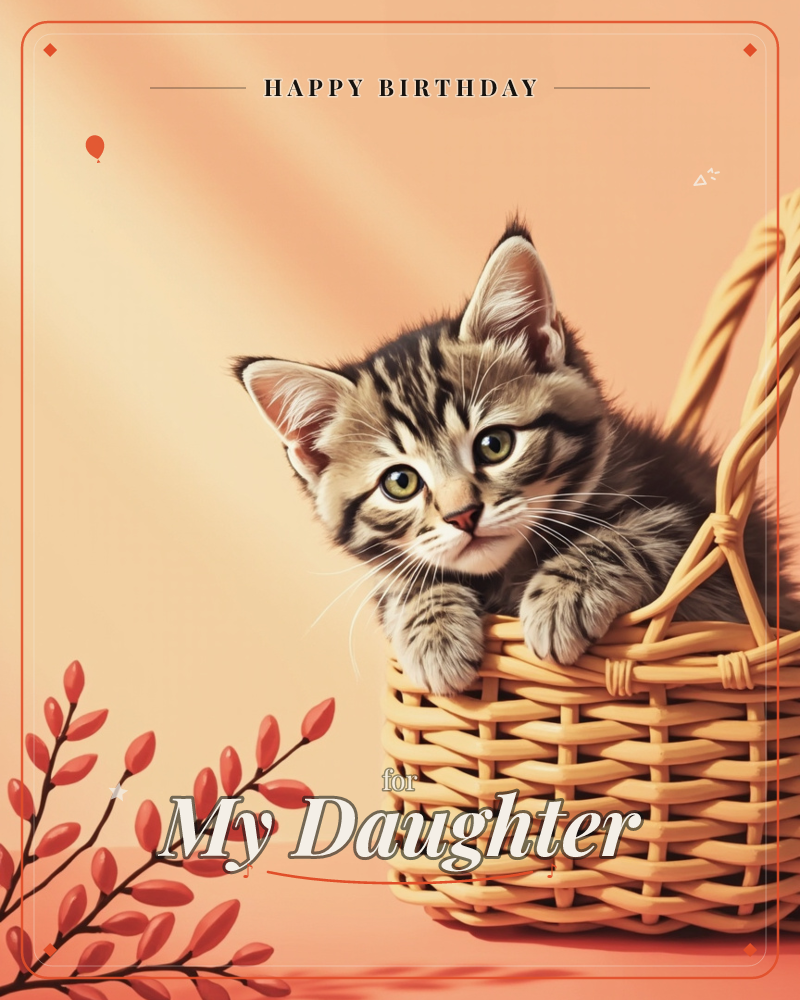 A grey tabby kitten peers over the edge of a woven wicker basket, paws draped on the rim, against a warm peach-toned glow with soft diagonal light rays, a birthday e-card design