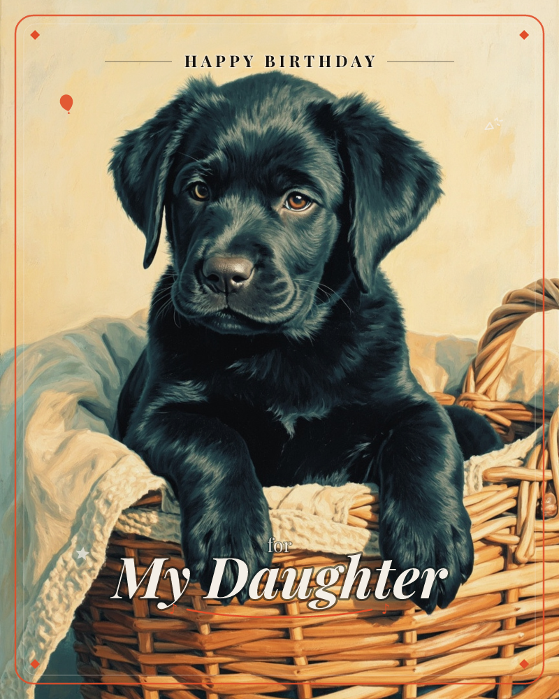 A black Labrador puppy rests its paws over the edge of a woven wicker basket lined with soft cream blankets, gazing out with warm brown eyes, a birthday e-card design