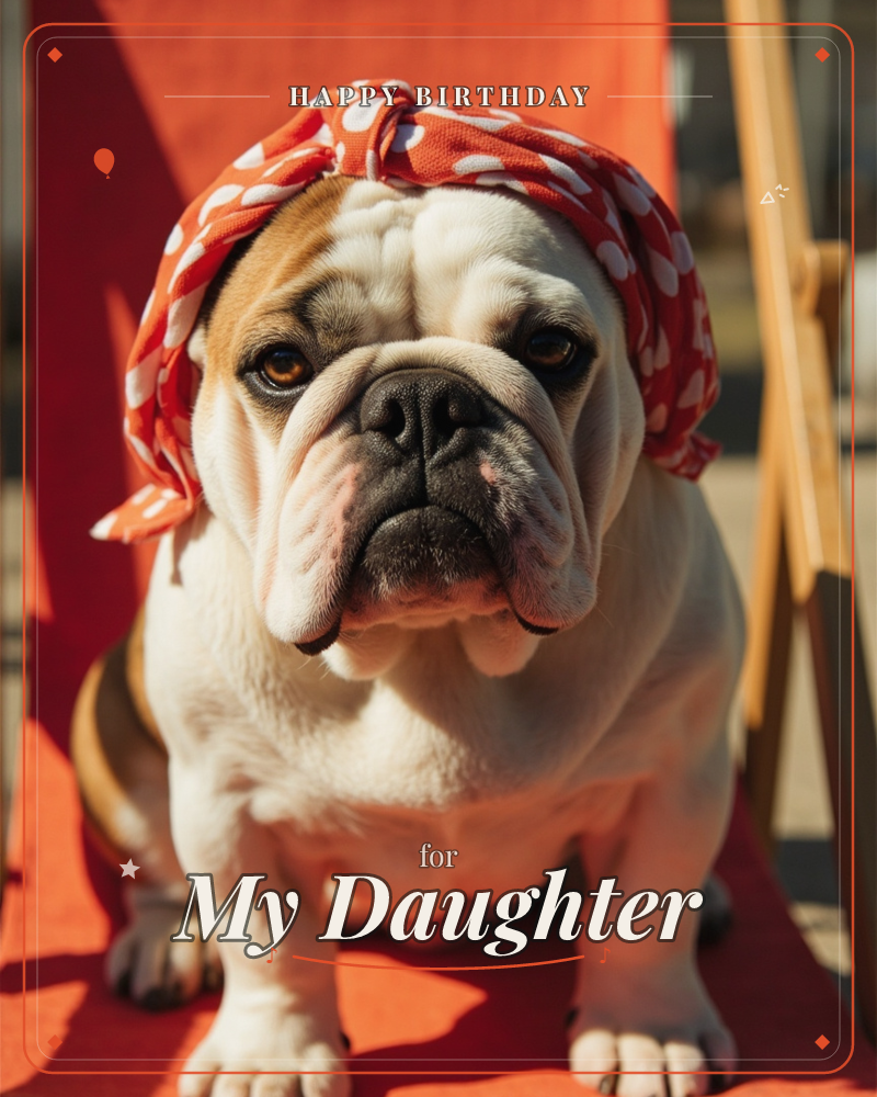 A bulldog sits on a red-striped deckchair wearing a red and white polka-dot headscarf tied at the top, its jowly face turned toward the camera in warm…, a birthday e-card design