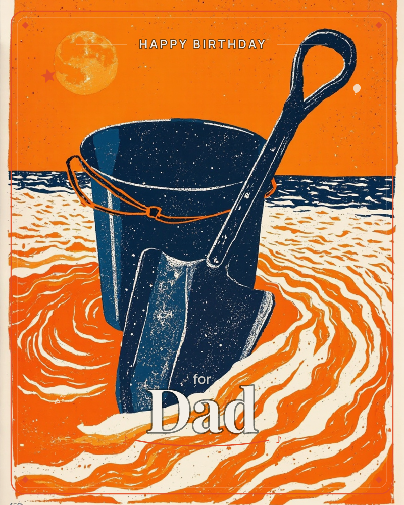 A navy blue bucket and spade stand planted in swirling, wave-patterned sand under a bold orange sky with a pale moon rising, a birthday e-card design